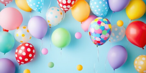 A colorful array of balloons in various shapes and sizes floats against a light blue background, creating an atmosphere filled with joyous celebration for the birthday party Generative AI