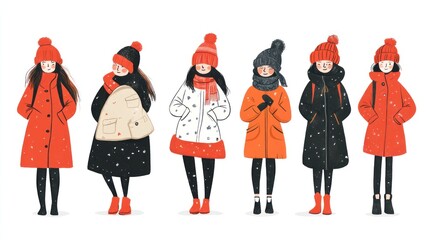 Fototapeta premium Seven girls in winter clothes.