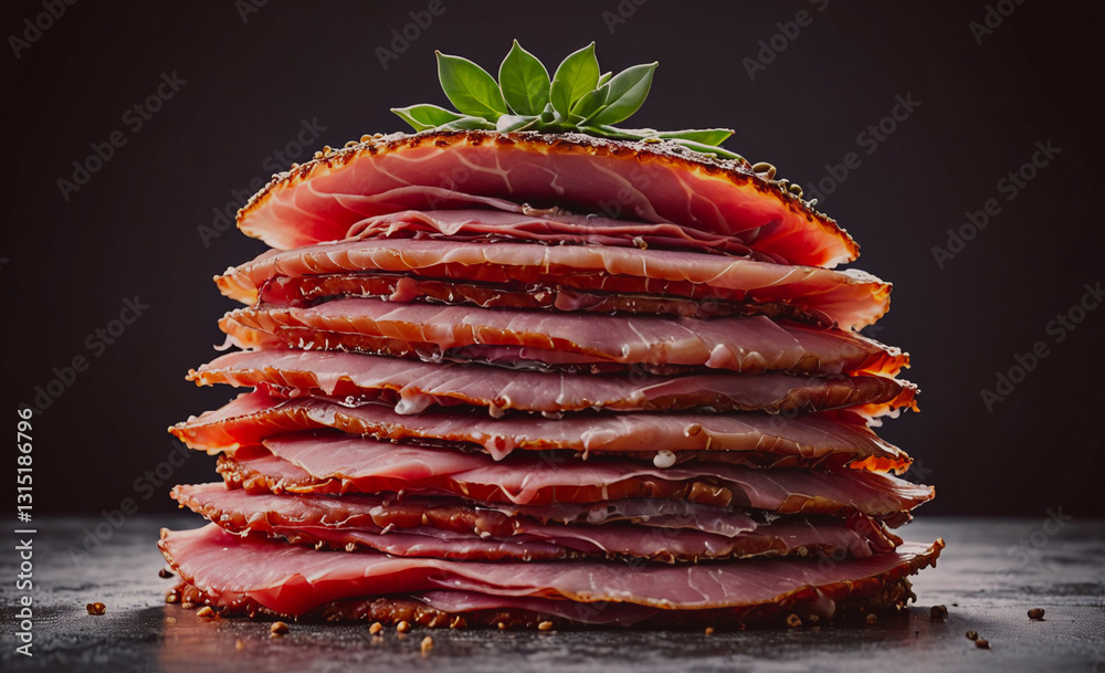 Aufkleber Stack of ham with a leaf on top. The ham is piled up high and the leaf is on top of it