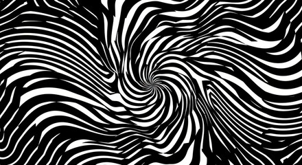 Optical illusion, black and white swirling pattern, hypnotic spiral design, zebra-like stripes, abstract geometric art, psychedelic waves, trippy visual effect, monochrome vortex, Op Art style, dizzyi