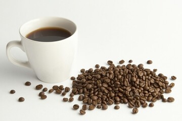 White coffee cup with a black coffee in it. There are coffee beans scattered around the cup