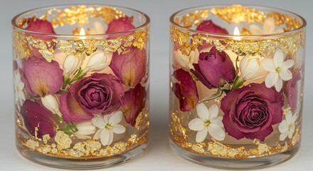 Fototapeta premium Decorative Candles with Gold Leaf and Floral Embellishments for Home Decor