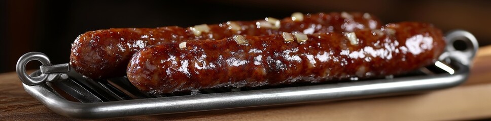 Flavorful grilled bratwurst sausages on bread rolls with caramelized onions, set for a delightful meal