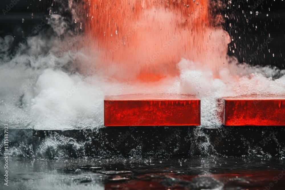 Aufkleber Red hot metal billets submerge in water for tempering, creating steam clouds in a dynamic workshop environment