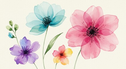 Obraz premium Watercolor flowers, delicate petals, pastel colors, pink blue yellow purple, translucent, botanical illustration, soft focus, gentle brushstrokes, light background, minimalist composition, spring blos