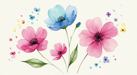 Watercolor flowers, delicate petals, pastel colors, pink blue yellow purple, translucent, botanical illustration, soft focus, gentle brushstrokes, light background, minimalist composition, spring blos