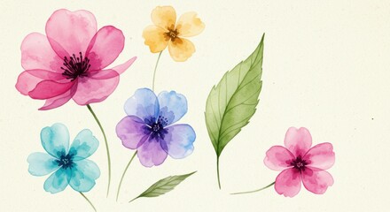 Watercolor flowers, delicate petals, pastel colors, pink blue yellow purple, translucent, botanical illustration, soft focus, gentle brushstrokes, light background, minimalist composition, spring blos