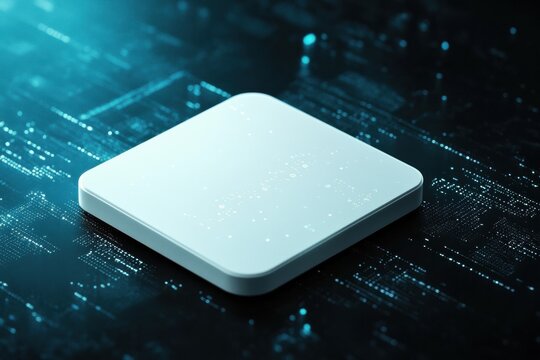 Centered white computer icon on an abstract digital background with numbers and codes, symbolizing innovation and data processing techniques in technology