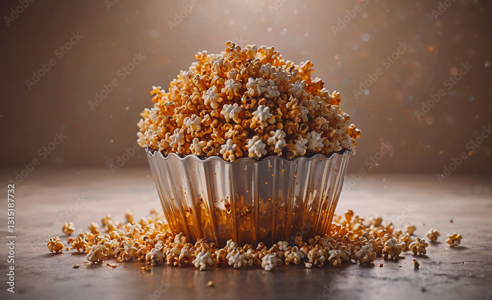 Aufkleber Cup of popcorn is piled on top of itself. The popcorn is in different colors, including white and brown. The image has a playful and fun mood, as it is a creative way to display popcorn