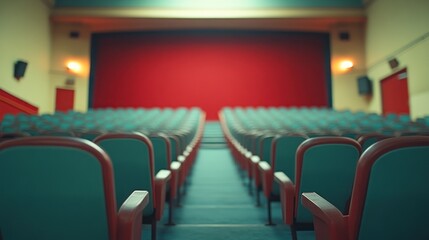 Empty teal cinema seats facing a red screen.
