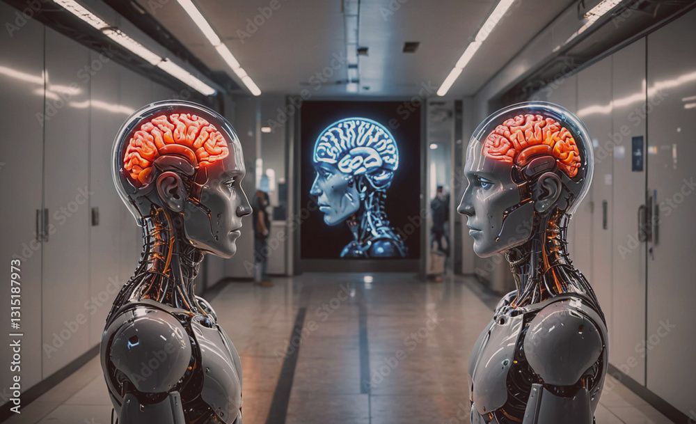 Aufkleber Two robots with human heads and a brain on a wall. The robots are facing each other. The robots are made of metal and have a futuristic look