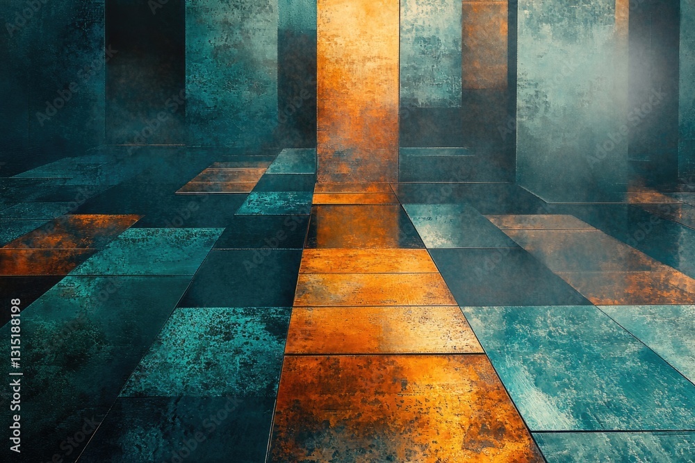 Aufkleber abstract geometric artwork featuring a floor of teal and rusty orange tiles in a perspective view.
