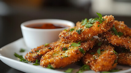 Fototapeta premium Fried zucchini slices with a crispy breadcrumb coating and fragrant herbs, perfect for dipping in a rich, tangy sauce.
