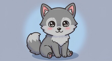 Obraz premium Cute Gray Wolf Pup Sitting Cartoon Character Illustration Design