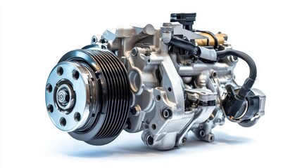 A close-up of a car engine water pump and thermostat housing on a white isolated background