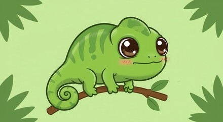 Fototapeta premium Cute Green Chameleon Cartoon Sitting on Branch Illustration for Children