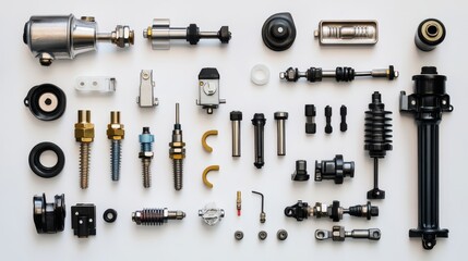 Obraz premium A set of automotive engine fuel lines, pumps, and injectors on a white isolated background