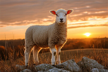 Fototapeta premium A fluffy lamb stands majestically against a breathtaking sunset, embodying serenity and the beauty of nature.