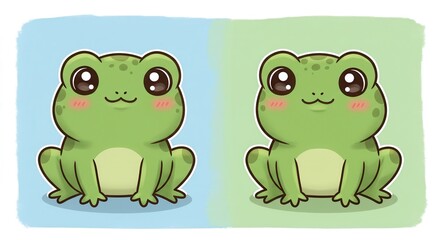 Fototapeta premium Cute Green Frog Cartoon Duo Sitting Side by Side with Smiles