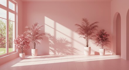 Pink interior, large windows, potted palm trees, minimalist decor, soft lighting, peaceful atmosphere, monochromatic color scheme, zen garden aesthetic, indoor plants, empty room, contemporary design,
