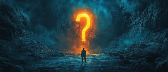 A man stands in front of a large question mark