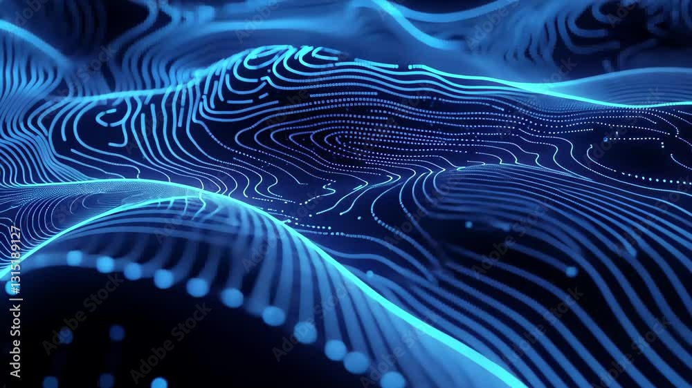 Fototapete Glowing blue lines create intricate patterns in a digital landscape at night, Abstract of glowing blue lines forming intricate patterns over dark background