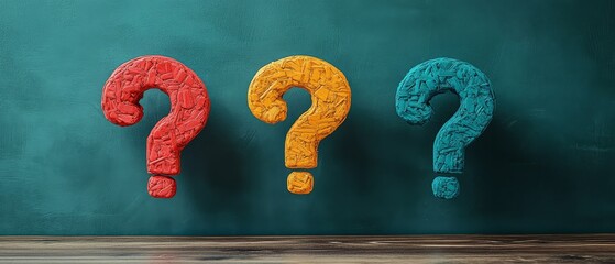 Three colorful questions are floating in the air above a green background