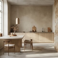 An aesthetically pleasing modern kitchen with minimal elegant furnishings