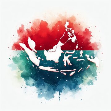 Indonesia Map in Watercolor with Flag Colors Red and Teal Artistic Style