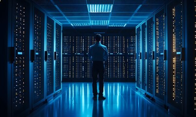 Man standing in a server room, overseeing data processing and management