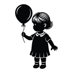 Silhouette of a Joyful Little Girl Holding a Balloon, Playful and Happy Child Vector Illustration