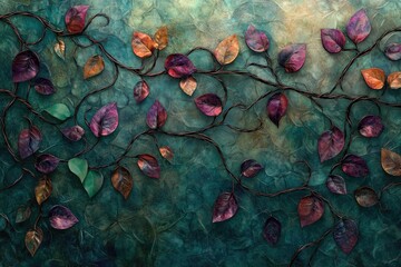Intricate dark teal textured background with a vine of autumn leaves in rich jewel tones.