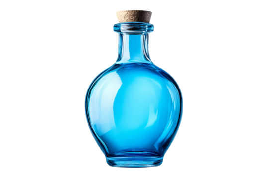 A clear glass flask with blue liquid chemicals isolated on transparent background