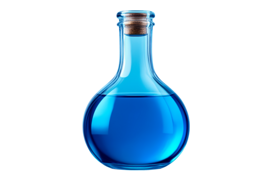 Laboratory glassware containing blue liquid isolated on transparent background