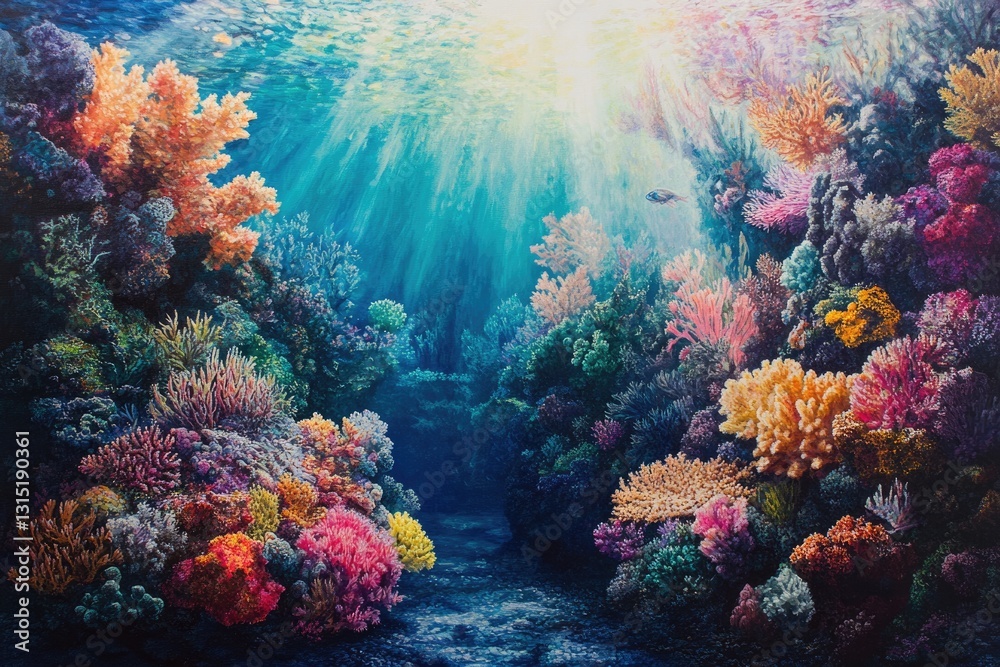 Poster Vibrant underwater scene showcasing a diverse coral reef ecosystem teeming with colorful corals and a glimpse of a fish.