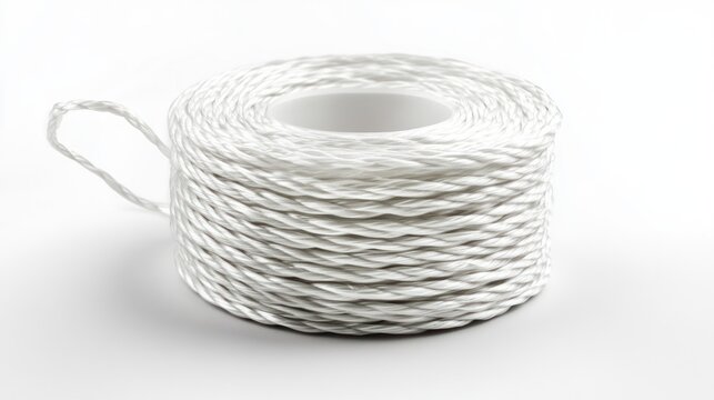 White twisted string spool on white background.