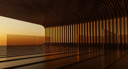 Naklejka premium Futuristic interior, golden light rays, reflective floor, vertical light beams, geometric architecture, minimalist design, sci-fi atmosphere, warm color palette, abstract environment, high contrast, s