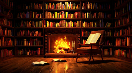 Cozy library interior with fireplace, books, and armchair; perfect for relaxation and reading