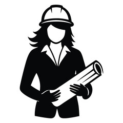 Female Engineer Silhouette in Safety Gear, Black and White Vector Illustration of a Professional Woman in Engineering