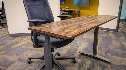 Modern office desk, adjustable height, ergonomic chair, open-plan workspace, productivity
