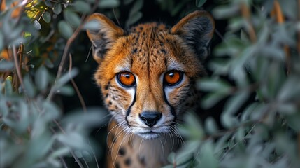Obraz premium A striking cheetah with intense orange eyes peering intently through dense green foliage in a lush forest showcasing its stealth and wild beauty