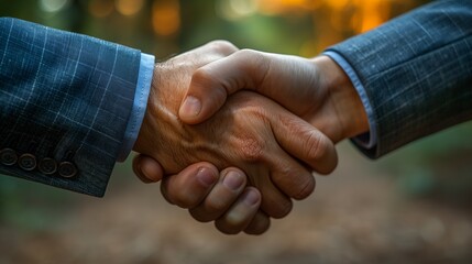 Two individuals in formal suits exchanging a firm handshake amidst a blurred forest background symbolizing agreement and professional partnership