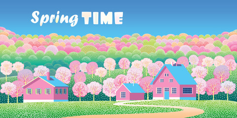 Springtime's poster or banner. Handmade cartoon comic vector illustration of nature, landscape, cottages, countryside, sakura or cherry blossom, park, meadows, trees, fields and lawns  © alaver