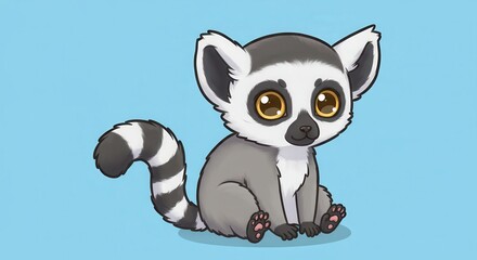 Fototapeta premium Cute Lemur Illustration Sitting Down on Blue Background - Adorable Animal