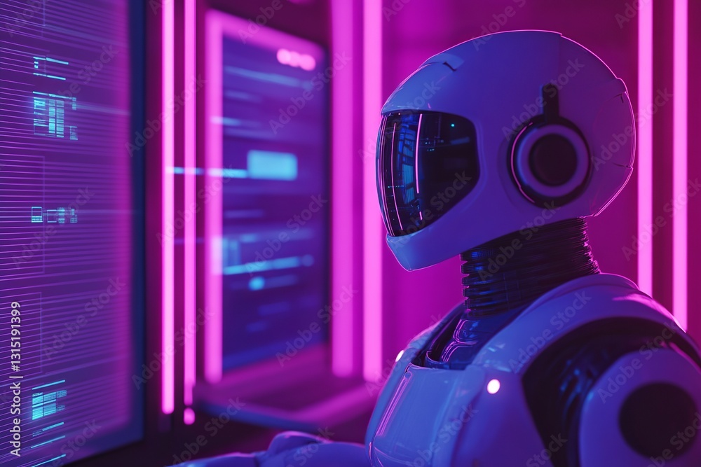 Poster futuristic robot neon lights ai digital art modern technology cyberspace virtual reality advanced ro