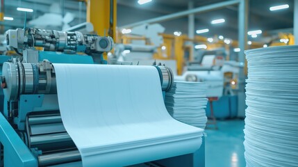 Modern printing press in action white paper roll production in a bright, industrial environment with machinery and stacked sheets