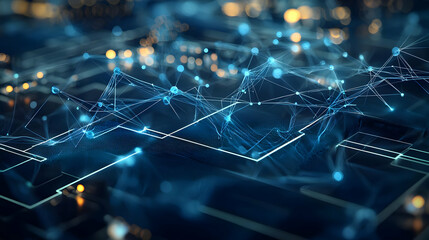 Complex Interconnected Network of Blue Data Flowing Across a Dark Digital Landscape Visualizing Technology