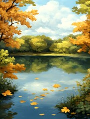 Autumn lake scene with falling leaves