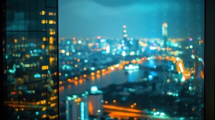 Night cityscape view from skyscraper window, blurred lights, bokeh effect.