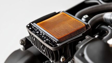 A close-up of a car s air filter and intake system on a white isolated background